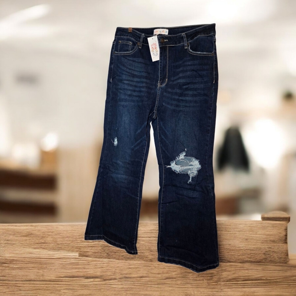 Dark Wash Flare Distressed Jeans, NWT